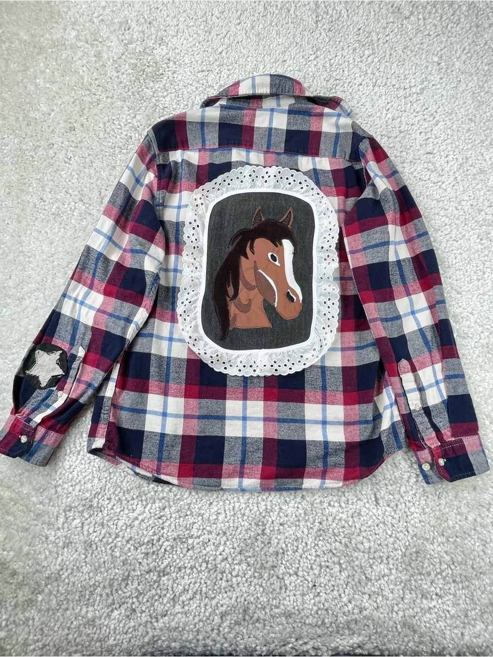 Upcycled Reworked Plaid Flannel. Western Horse Equestrian Shabby Chic Lace Med